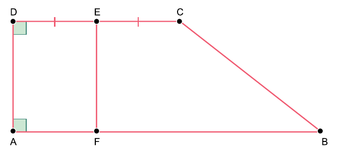 Diagrama geométrico de um trapézio retângulo ABCD dividido verticalmente em um retângulo ADEF e um trapézio menor BCEF pelo segmento EF. O ponto E está marcado como ponto médio do lado superior CD.