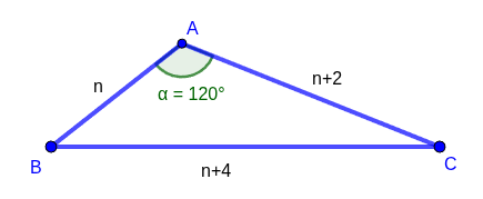 Diagrama de um triângulo obtusângulo ABC com um ângulo de 120 graus no vértice A. Os lados AB, AC e BC são representados, respectivamente, pelas expressões algébricas n, n mais 2 e n mais 4.