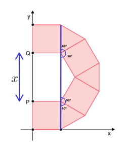 Esquema de ângulos internos em polígonos regulares, mostrando a soma de ângulos de quadrados (90 graus) e triângulos equiláteros (60 graus) para encontrar o ângulo suplementar.