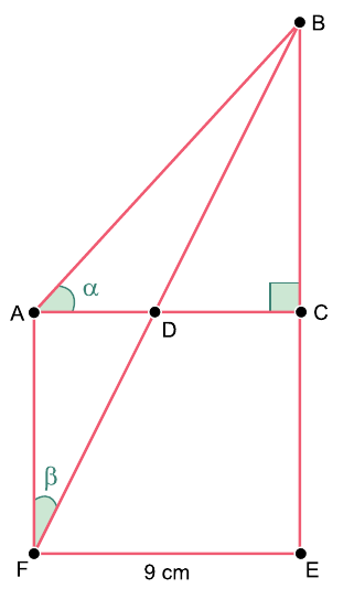 No plano, AC é o lado comum entre o triângulo retângulo ABC e o retângulo ACEF, e o segmento BF intersecta o lado AC no ponto D