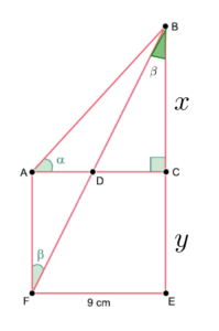 Determinando as medidas do segmento BC e CE como x e y respectivamente e angulo FBE alterno interno com AFB e consequentemente congruentes